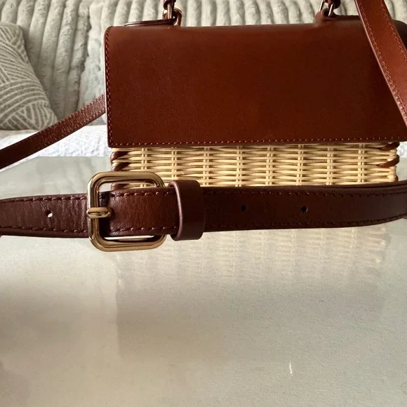 J.Crew Leather and Wicker Mini Satchel Crossbody Bag Brown Tan Whipstitch - Picture 5 of 7